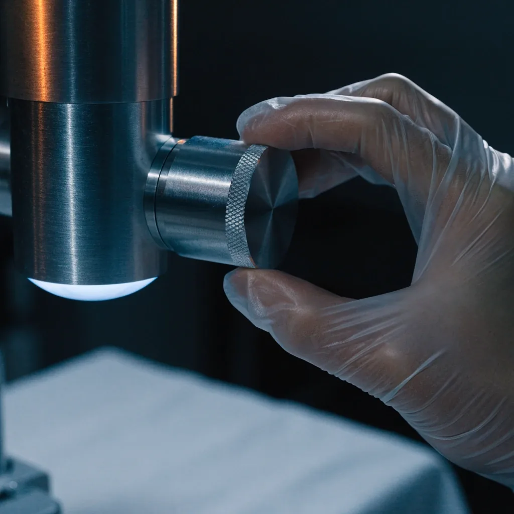 Close view of a surgical microscope eyepiece housing in a dim room