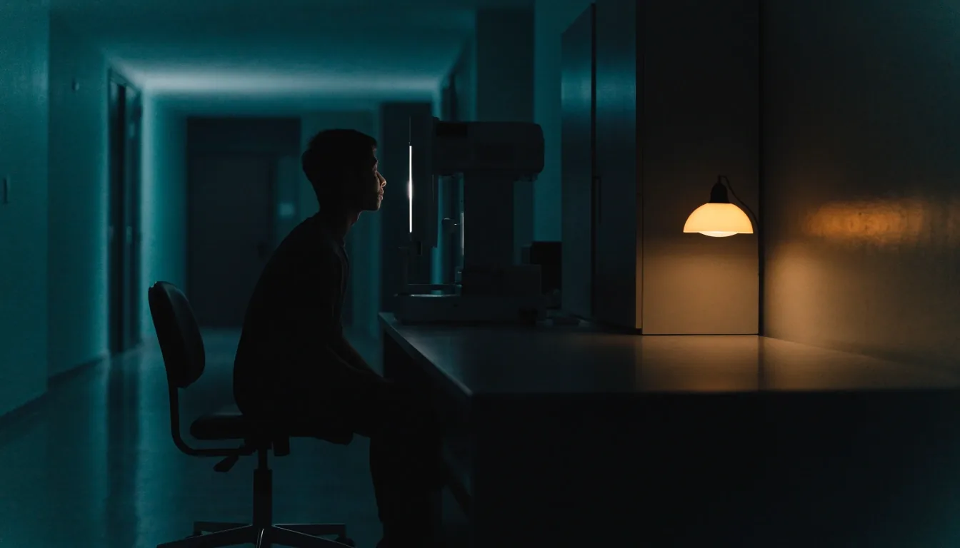 Night-lit refractive consultation desk with one warm lamp and an empty chair
