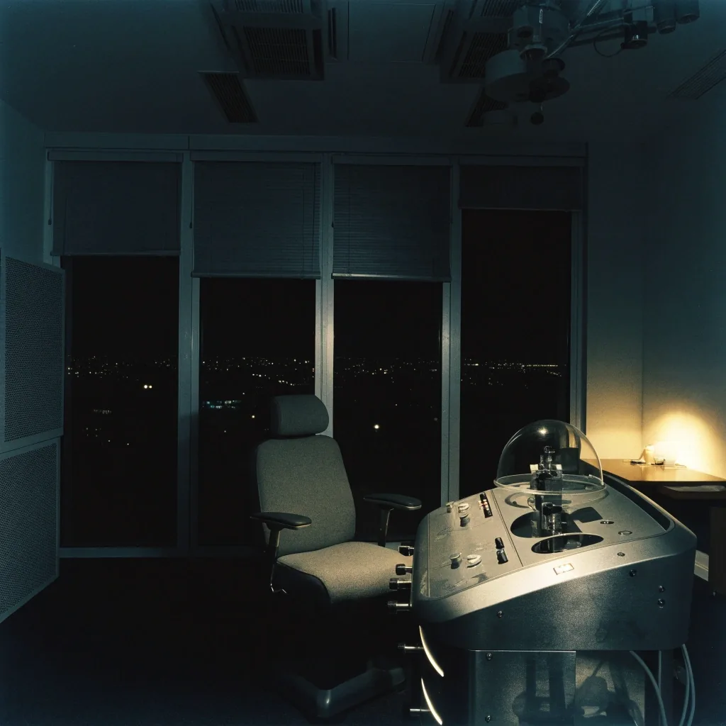 A dark refractive measurement room at night with an empty consultation chair, an instrument console and one warm desk lamp