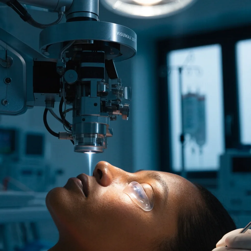 Bevelled edge of a refractive surgery platform touchpad under thin cool light