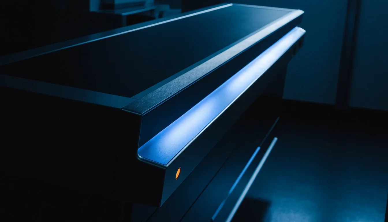 Femtosecond laser console fascia glowing in a dark treatment room at night