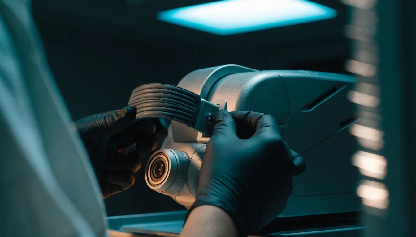 Gloved hands adjusting the chin rest of an ophthalmic measurement instrument in a dim clinic room