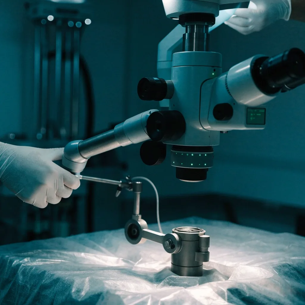 Laser delivery cone above a lid speculum on blue surgical drape in a low-lit refractive treatment room