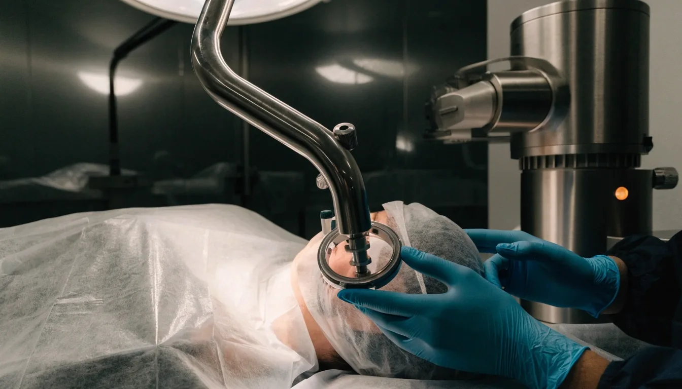 Slit-lamp beam crossing a dark ophthalmology room with amber lamp in the background