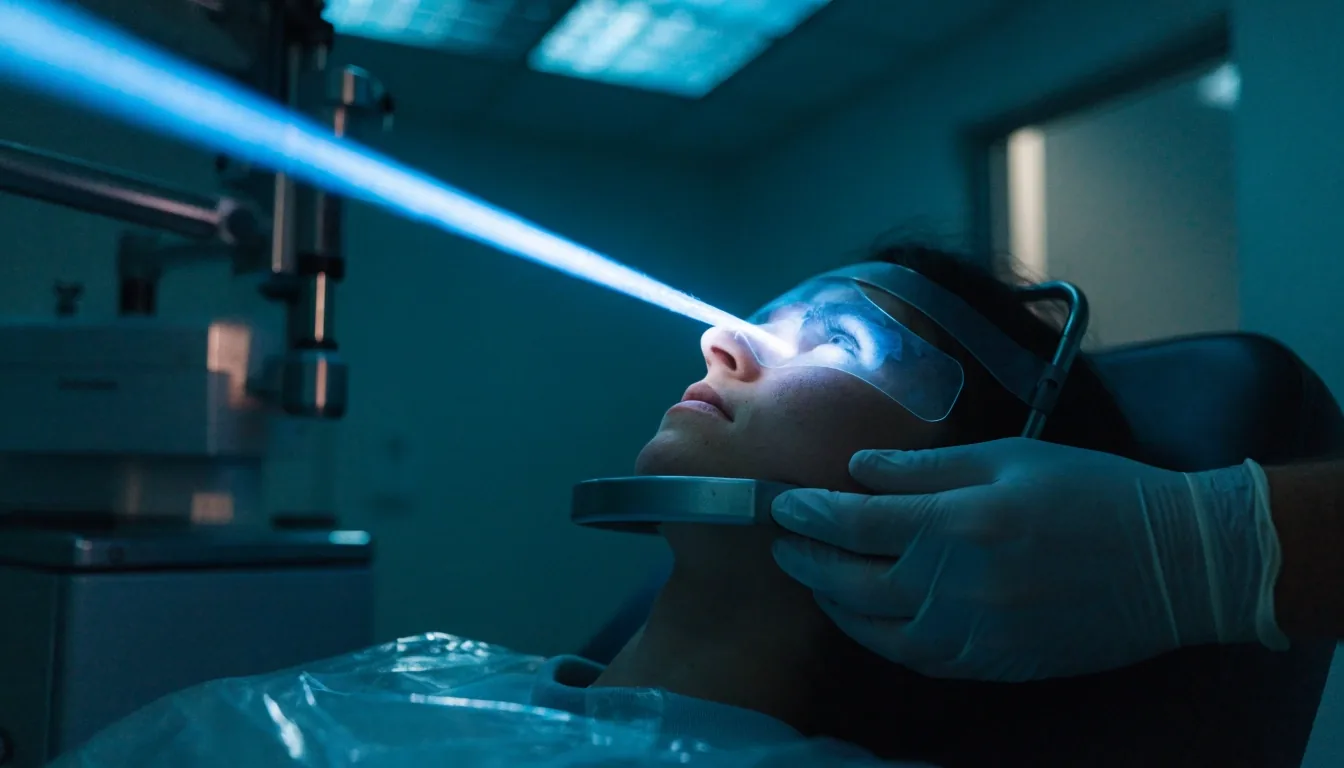 Femtosecond laser console fascia lit at night