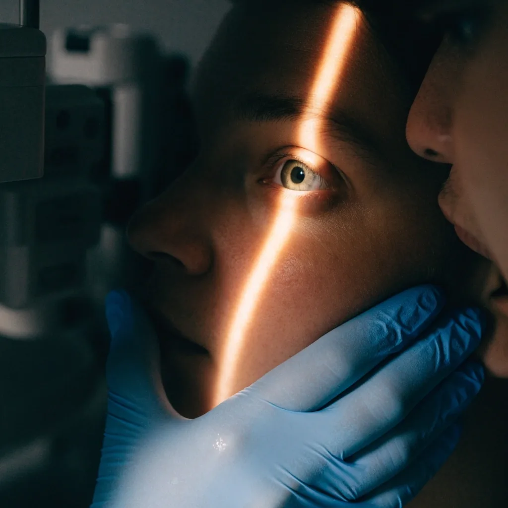 Slit-lamp beam crossing an open eye during a dry-eye check