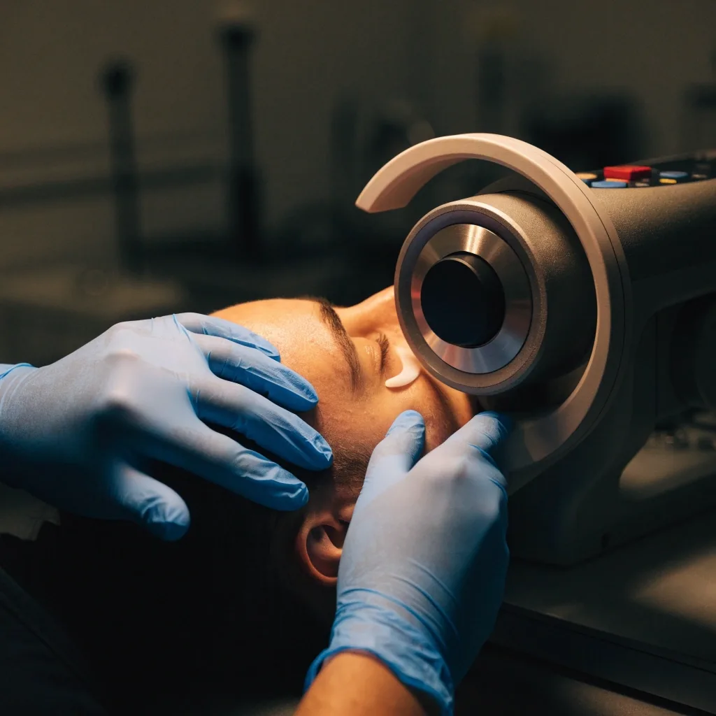 Gloved hands positioning a head on a corneal response measurement instrument