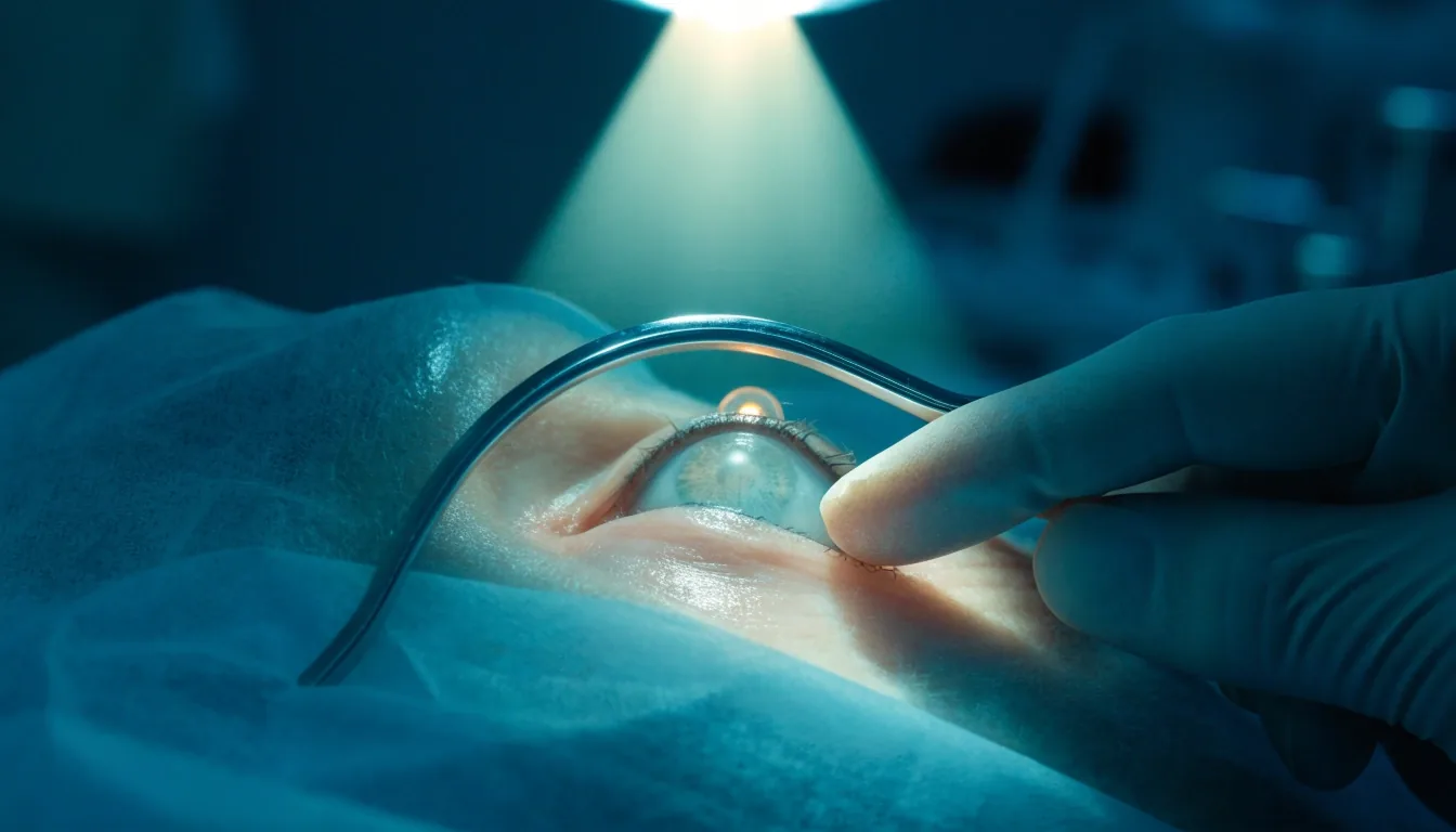 Laser delivery cone above an eye on surgical drape during the treatment step