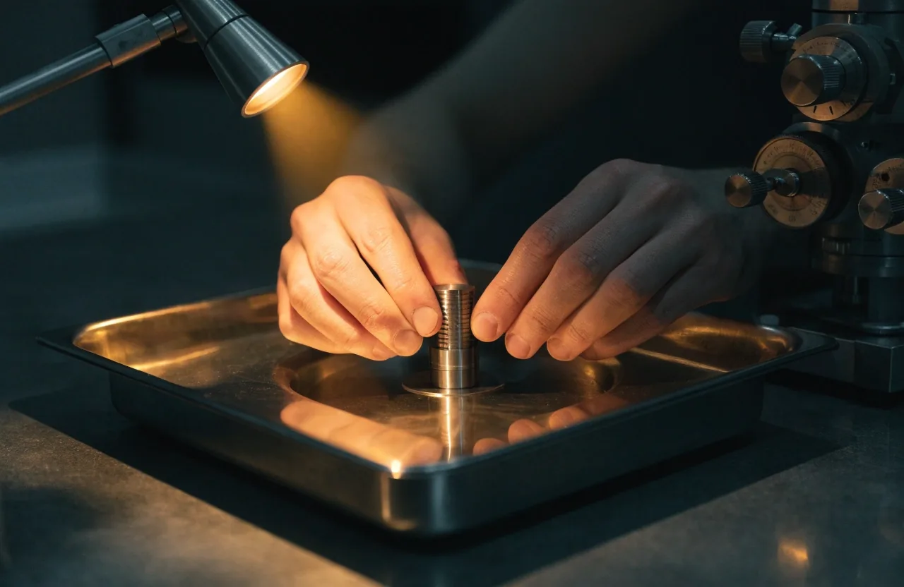 Measurement instrument calibration fixture under a focused work lamp between sessions