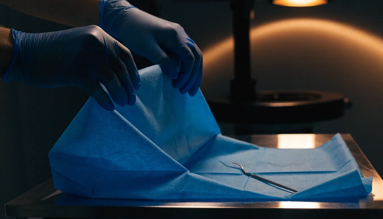 Folded blue surgical drape with an instrument resting on the fold under dim room light