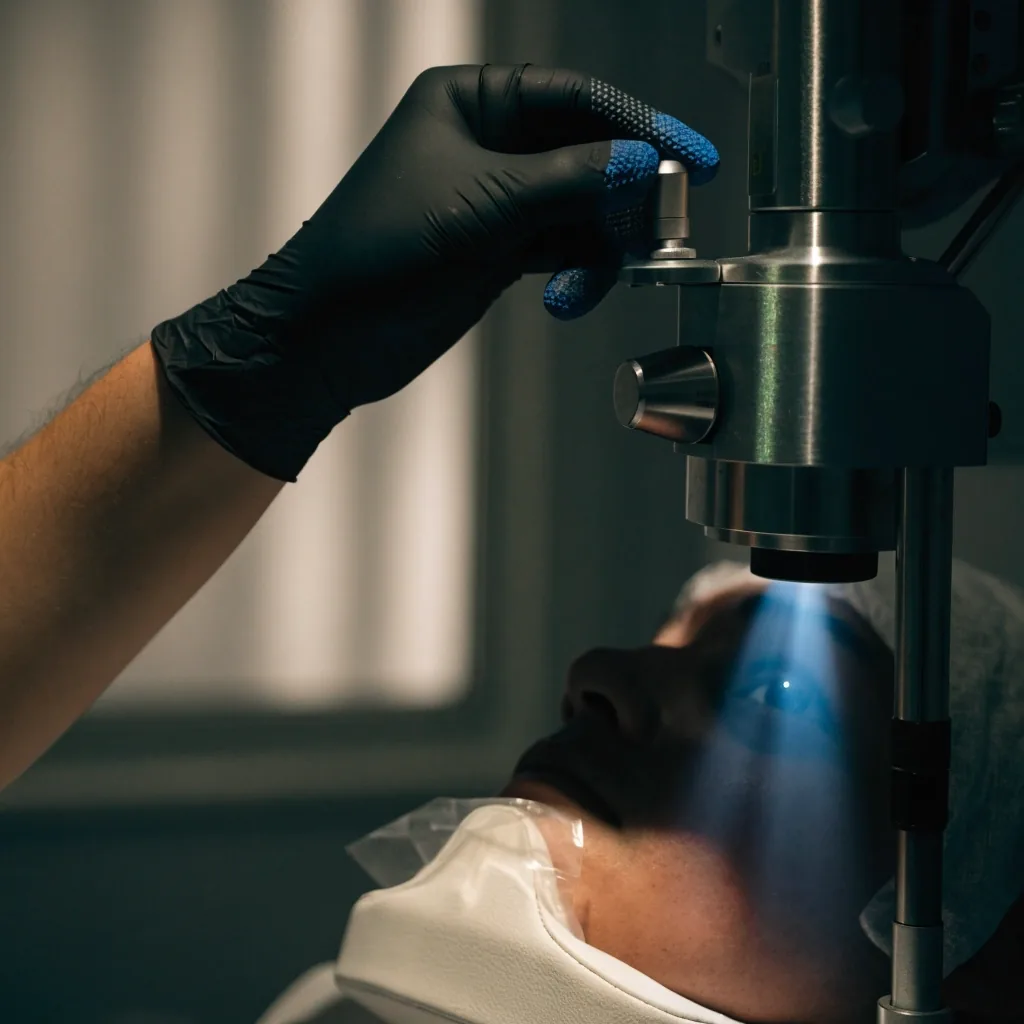 Slit-lamp beam crossing a human eye in a dark examination room