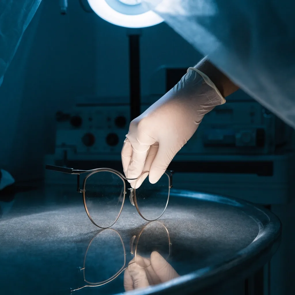 Spectacle frame and contact lens case on a graphite examination table under low light