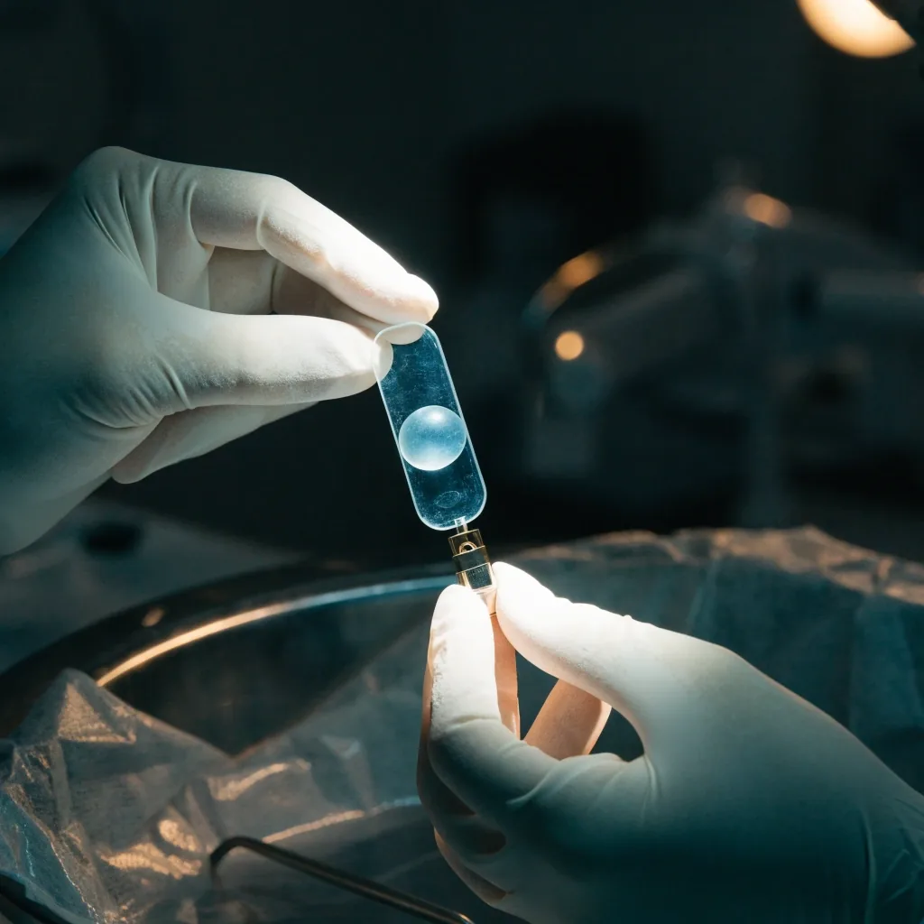 Phakic intraocular lens in an insertion cartridge on a steel tray