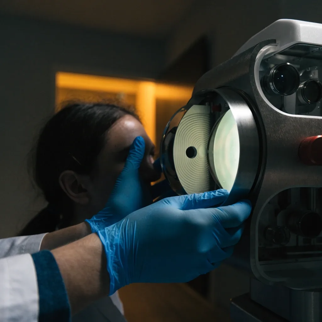 Gloved hands adjusting the chin rest of an ophthalmic measurement instrument