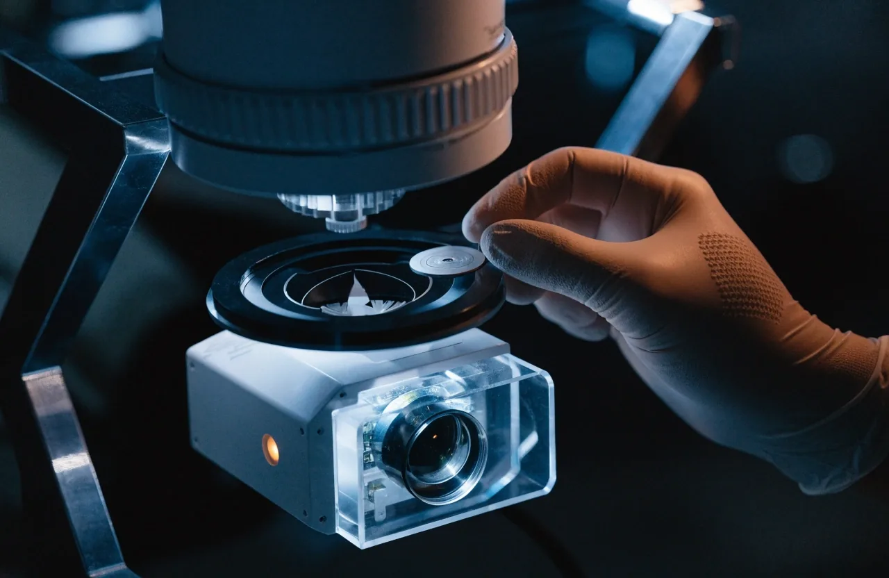 Macro detail of eye-tracking optics beneath an excimer laser aperture